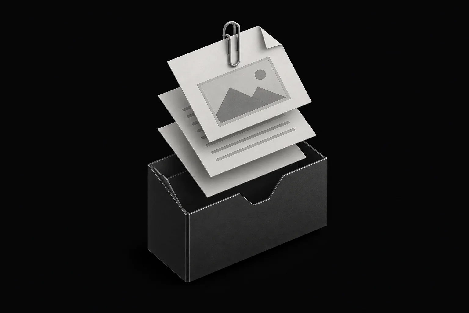 Documents and image sheets lifted from a sleeve and joined by a paperclip