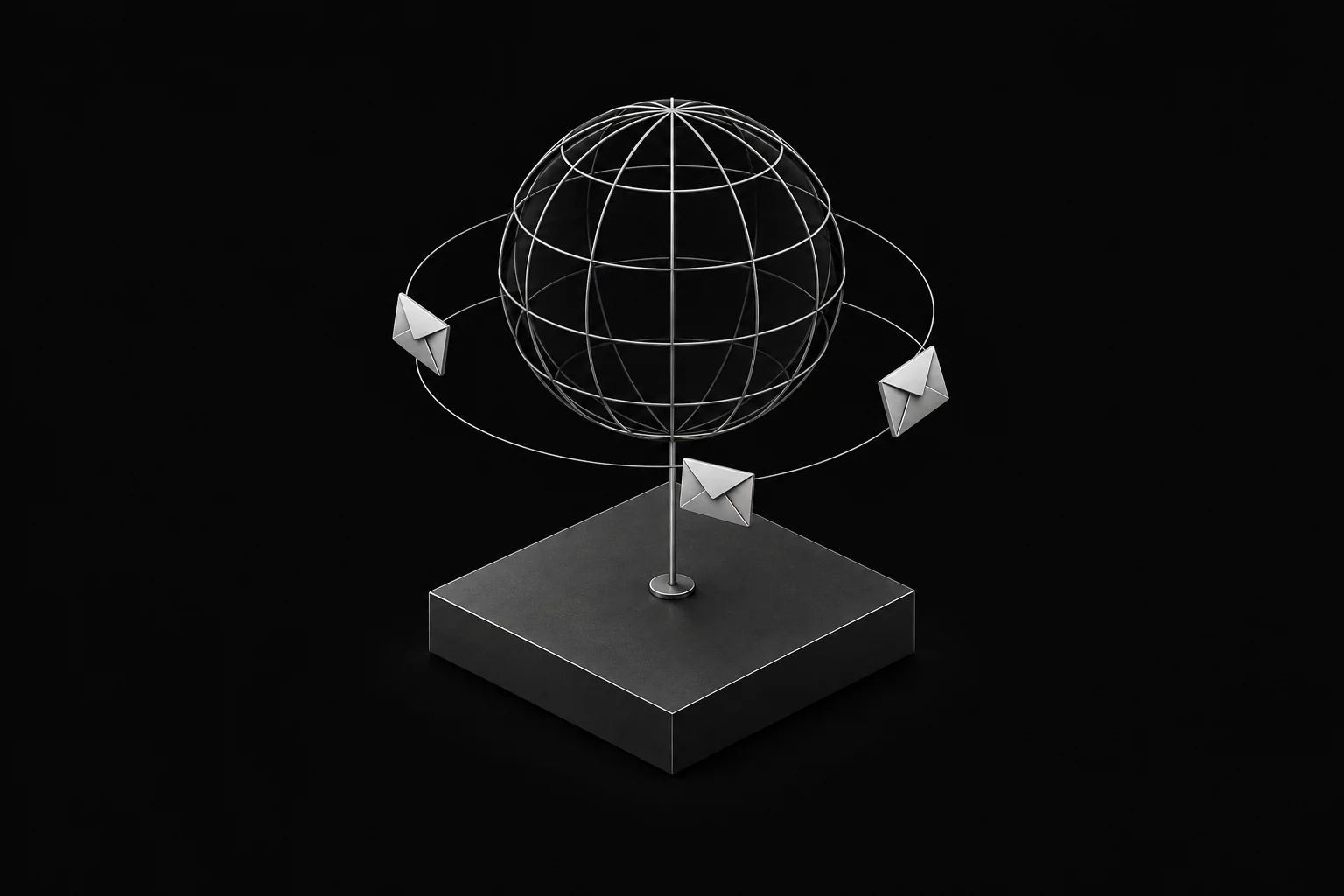 Silver envelopes orbiting a wireframe globe above a graphite platform