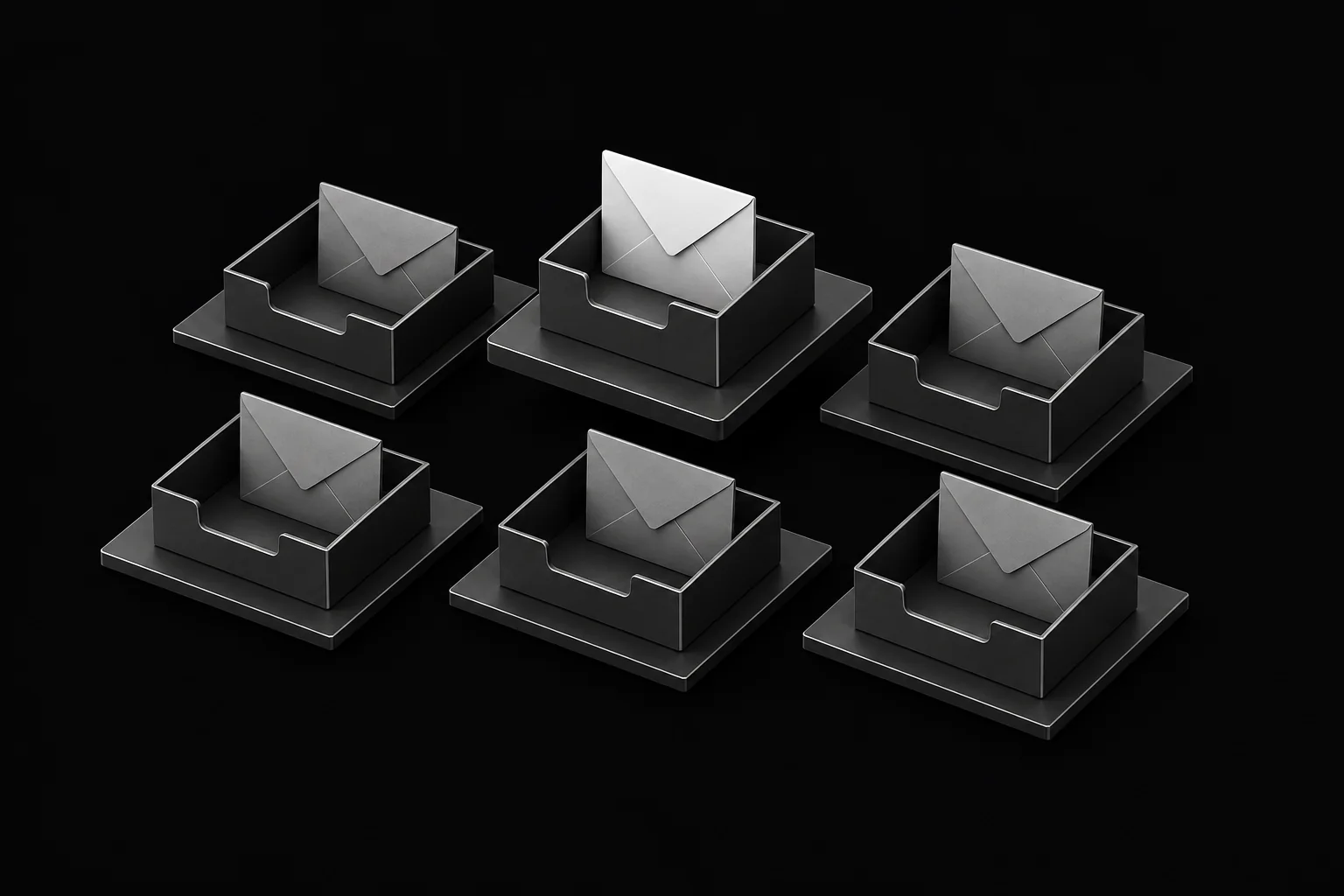 Separate graphite inbox trays, each holding its own silver envelope